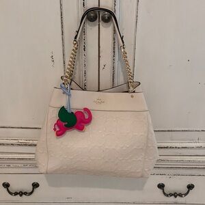Coach Cream Signature Lexy Shoulder Tote with Gold Chain Handles and Pink Charm